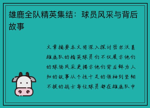 雄鹿全队精英集结：球员风采与背后故事
